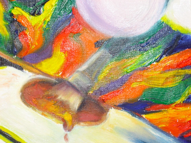 With the exception of the color purple, which is lightened to make its color visible, the array of rainbow colors is applied unadulterated from the paint tube.  The colors coalesce in the creation of the tree and are mixed by the image of the paint brush.  This section is the &ldquo;Island of Creativity&rdquo; or after talking with some string theorists, &ldquo;Really Thick Cosmic Strings&rdquo; with bubbles of forming universes.