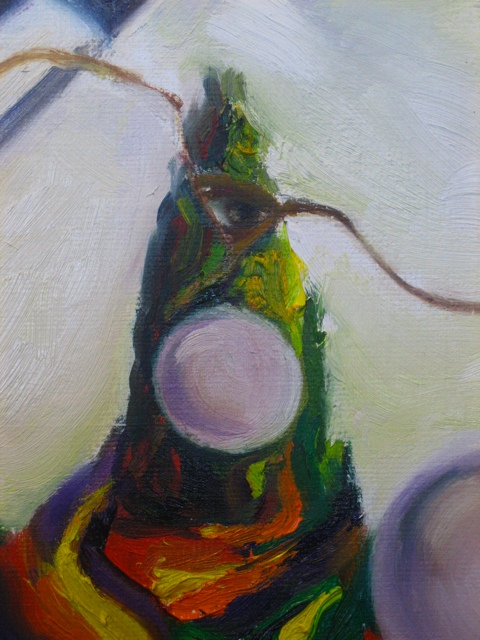 The cypress tree recalls Van Gogh&rsquo;s painting Starry Night, where the cypress tree acts as a mediator between reality and the stars dancing above.  Hence, I thought it befitting that this cypress tree be in the painting, as like in science, we are the mediators, stretching to that which is beyond our reach to the stars above.<br>