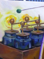 The Leiden jars pay homage to the location where the painting hangs, the Lorentz Institute, which is located in Leiden.  The yellow swirls above the brass wiring charges the viewer&rsquo;s attention.  This yellowish region is inspired by swirling galaxies with Van Gogh flair.  The green ball above the jars is the end of a pendulum.  Many problems in physics reduce to solving harmonic oscillator equations.