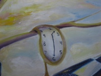 A Salvador Dali type clock hangs from a purple tree.  Clouds are in the background.  On occasion people accuse scientists&rsquo; heads of being up in the clouds.  But I like to think they&rsquo;re even higher up thinking about distant galaxies far away or even in different dimensions.